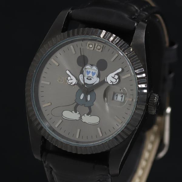 稼働 良品  ディズニー QZ ミッキーマウス 1077/2000 デイト ダークグレー文字盤 メン...