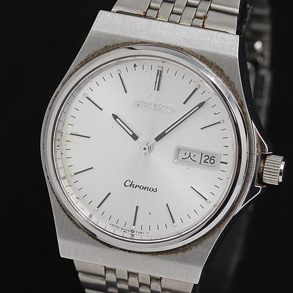 セイコー QZ クロノス 5H23-7D20 シルバー文字盤 ラウンド デイデイト メンズ腕時計 2...