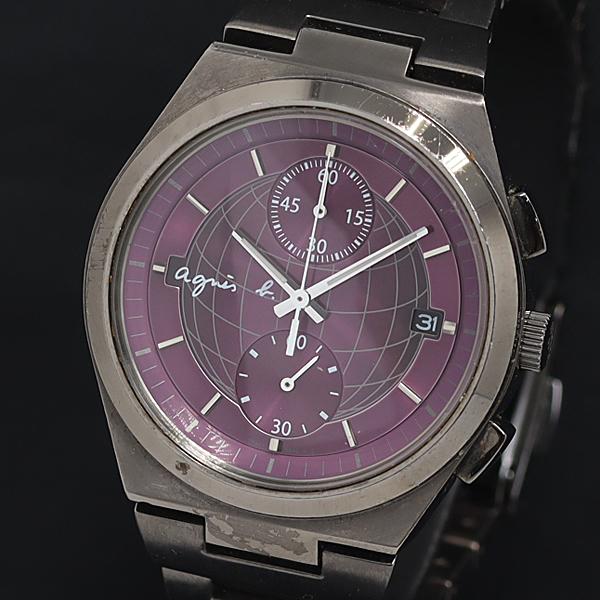 稼動 QZ アニエスベー 7T94-0BK0 紫文字盤 クロノ デイト レディース腕時計 KRK 2...