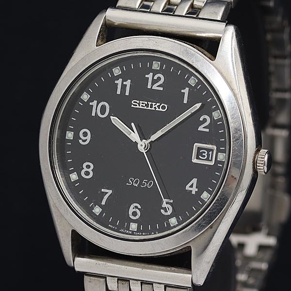 稼動 セイコー SQ50 QZ 黒文字盤 デイト 7N42-8070 メンズ腕時計 OGH 2000...