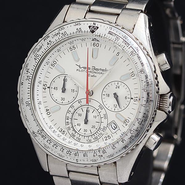 稼動 イヴベルトラン パイロットクロノグラフ QZ シルバー文字盤 デイト 1165 メンズ腕時計 ...