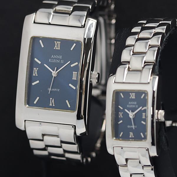 ケース付 稼動 アンクライン QZ ネイビー文字盤 スクエア ペアウォッチ シルバー メンズ/レディ...