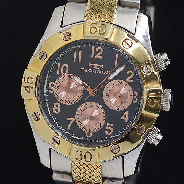 稼動 テクノス QZ TAM528 ブラック文字盤 ラウンド クロノグラフ シルバー×ゴールド メン...