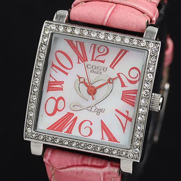 稼動 良品 コグ QZ ホワイトシェル文字盤 スクエア ハートモチーフ ダイヤベゼル レディース腕時...