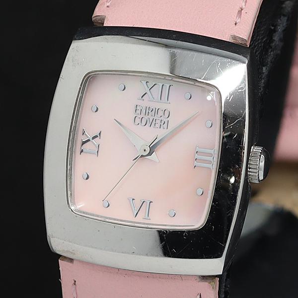 稼働 エンリココベリ QZ EC-3000-2 ピンク文字盤 スクエア レディース腕時計 20000...