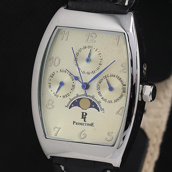 箱付 稼働 良品 プライムタイム ムーンフェイズ QZ デイデイト アイボリー文字盤 メンズ腕時計 ...