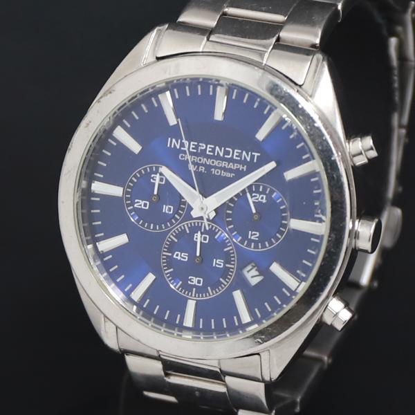 稼働 QZ INCEPENCENT J525-003505-01 青文字盤 デイト クロノ メンズ腕...