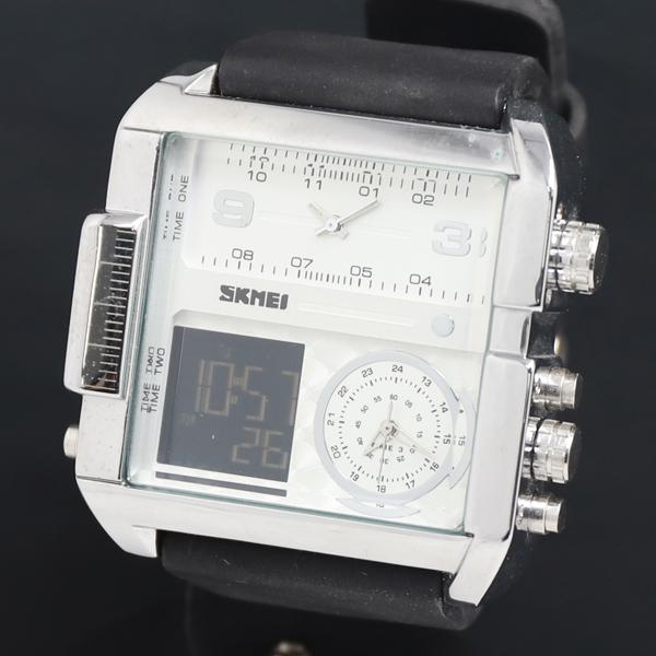 QZ SKMEI 1391 デジアナ シルバー文字盤 デュアルタイム メンズ腕時計 2000000 ...