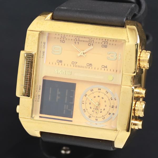 QZ SKMEI 1391 デジアナ ゴールド文字盤 デュアルタイム メンズ腕時計 2000000 ...