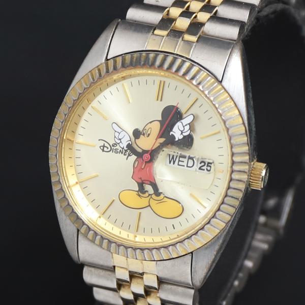 稼働 QZ ディズニー ミッキーマウス 30M MU0959 ゴールド文字盤 デイデイト レディース...