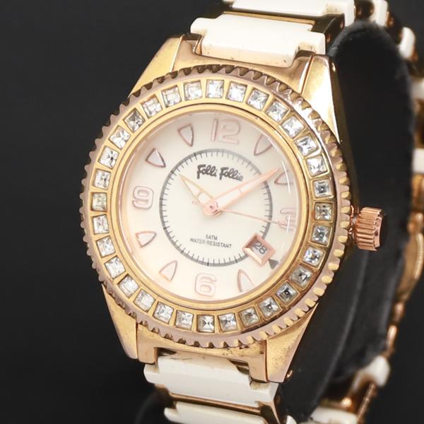 稼働 QZ フォリフォリ 石付 WF5R138BD 白文字盤 デイト レディース腕時計 200000...