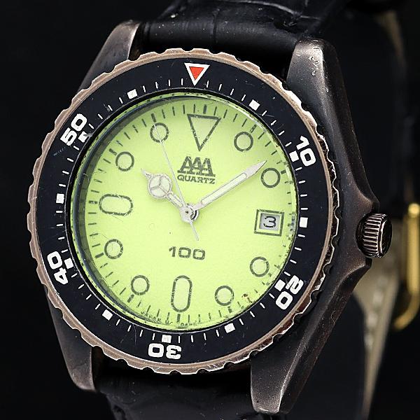 稼働 オリエント AAA OAN301-60 デイト QZ 蛍光 グリーン文字盤 メンズ腕時計 20...
