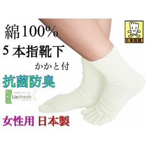 5本指靴下 綿 100% 抗菌防臭 女性用 かかと付き オフホワイト 足底サポート　メール便は4足まで｜5honyubiya-yshop