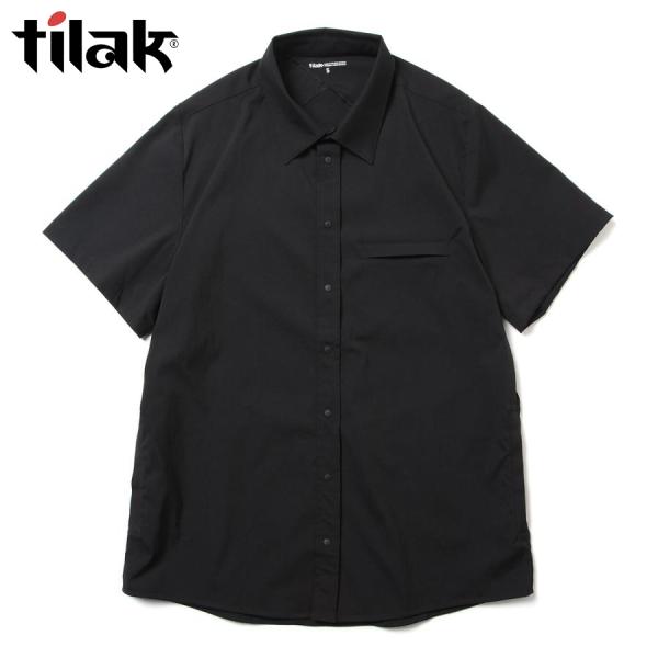 10％OFF ティラック ナイトシャツショートスリーブ ブラック メンズ 半袖シャツ ストレッチ 撥...