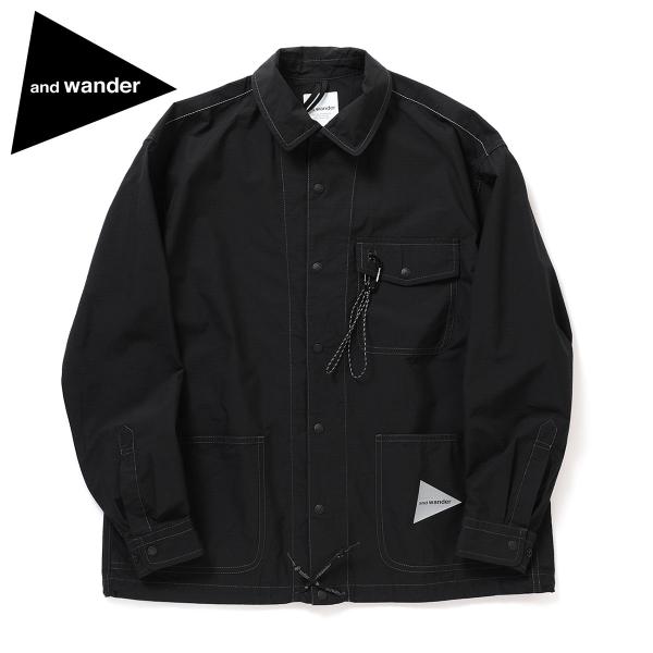ポイント10% アンドワンダー コーデュラコットンリップシャツジャケット ブラック メンズ and ...