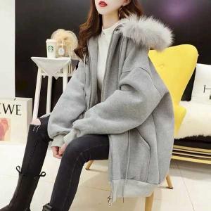 女性のための大きなベルベットのフード付きジャケット 韓国のファッション 無地の毛皮の襟 冬の秋｜69x69x