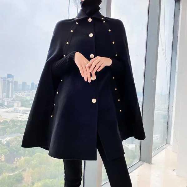 袖付きの黒いウールのコート 韓国の女性のファッション 秋冬 ミドル丈 ルーズ ヴィンテージ ゴールド...