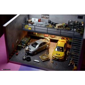 Diorama-車のガレージガレージ リモートコントロールシーンモデル LEDライト付きモデル ダブルデッキ ガレージ用 1/64スケール｜69x69x