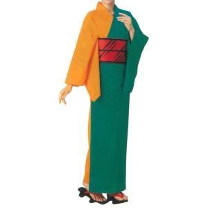 無地染反物・半身色合せお仕立上り浴衣（女性用）ピーコックグリーン・オレンジ　［町内会 婦人会 商工会...