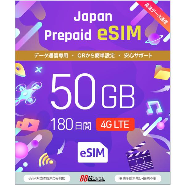 プリペイドSIM メール納品　プリペイドeSIM 50GB 180日 国内データ通信専用