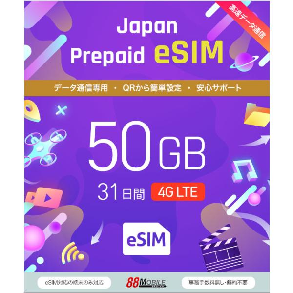 プリペイドSIM メール納品　プリペイドeSIM 50GB 31日 超過時、低速200kbpsのまま...
