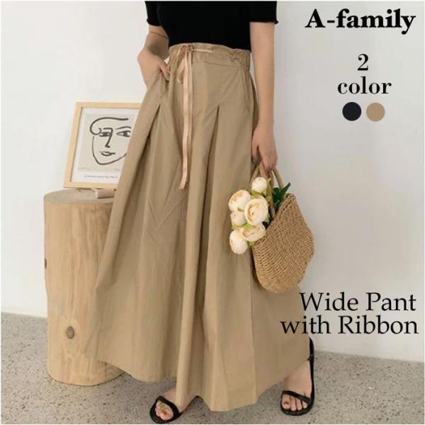 ワイドパンツリボン付ガウチョパンツプリーツ キュロットスカート ワイドボトム ガウチョ 無地 シンプ...