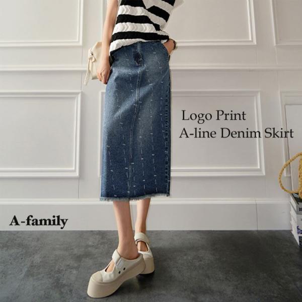 ロゴプリントAラインデニムスカート スリットフレア レディース ロングスカート無地 Aライン 裏地付...