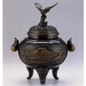 香炉 蒔絵 135-01 平丸獅子蓋 双鶴 床の間 置物 仏具 銅 ブロンズ