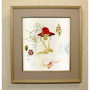 絵画　いわさきちひろ　　貝殻と赤い帽子の少女　　額　児童画　色紙　送料無料