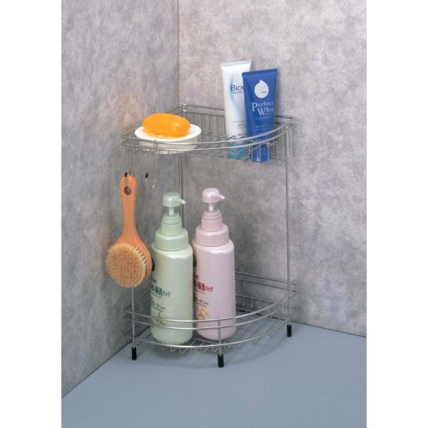 ステンレス コーナーバスラック 2段 フック・石けん皿付き お風呂 ラック 収納 石鹸 カビ 防止 ...