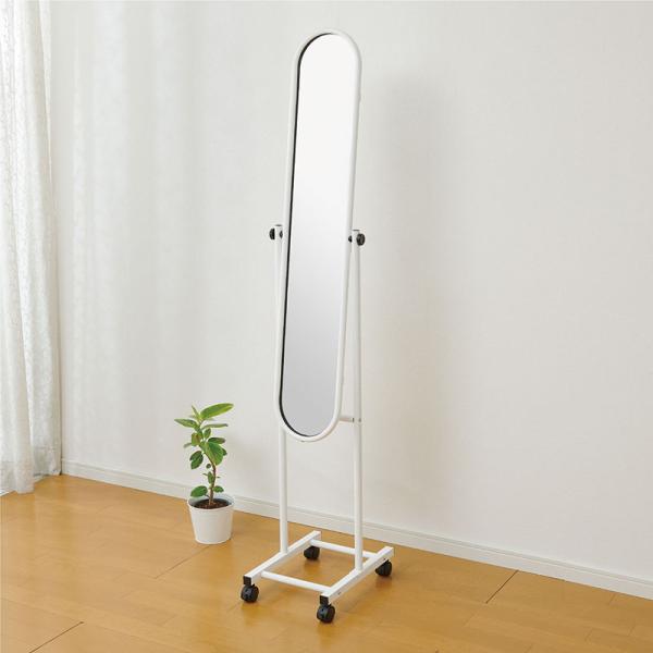 キャスター付き スタンドミラー １個 ホワイト 角度調節 飛散防止加工 姿見 シンプル 鏡 ミラー ...