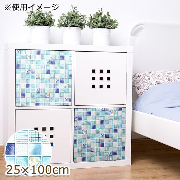 貼ってはがせる デコタイルシート 花タイル 25cm×100cm ブルー(B) DGT-01