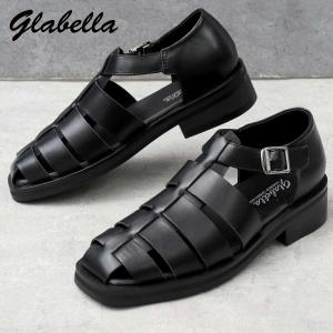 glabella サンダル グルカサンダル メンズ 厚底 黒 ブラック 大人 シンプル スクエアトゥ トレンド フェイクレザー クッション メッシュ