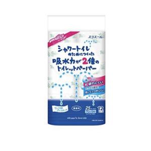 エリエール シャワートイレのためにつくった吸水力が2倍のトイレットペーパー 25m(112シート)×12ロールダブル パルプ100%