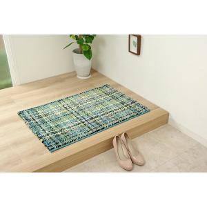 玄関マット ウィルトン織り 約70×120cm ブルー チェック IKEHIKO イケヒコ 2050779