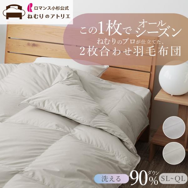 2枚合わせ羽毛布団 洗える ロマンス小杉 シングル ダウン90% DP370 おすすめ 冬用 羽毛ふ...