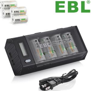 EBL 単一充電池充電器セット 急速充電器+ 単一電池＊４個（10000mAh*4） 単一単二単三単四９Vニッケル水素/ニカド電池に対応できる 放電機能付き 防災電池