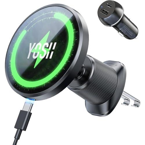 60Wカーチャージャー付属YOSH スマホホルダー 車 ワイヤレス充電 MagSafe対応 マグセー...