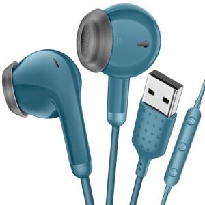 USB イヤホン 有線 PC パソコン用 イヤホン マイク付き ヘッドセットUSB 通話 音量調整 2.3M長 インナーイヤー型 テレワーク W