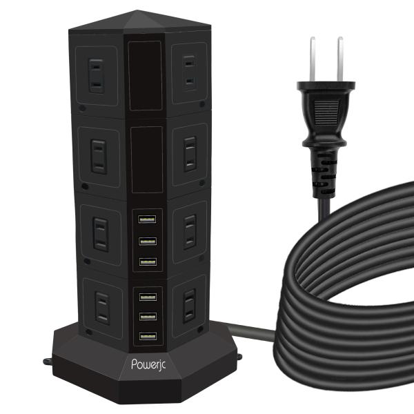 POWERJC タワー式電源タップ 4層縦コンセント 16ACスマート6USB急速充電 3m スイッ...