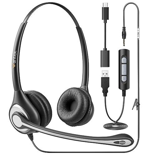 WantekヘッドセットUSB 3.5mm TypeC 両耳 ノイズキャンセリングマイク付きとオンラ...