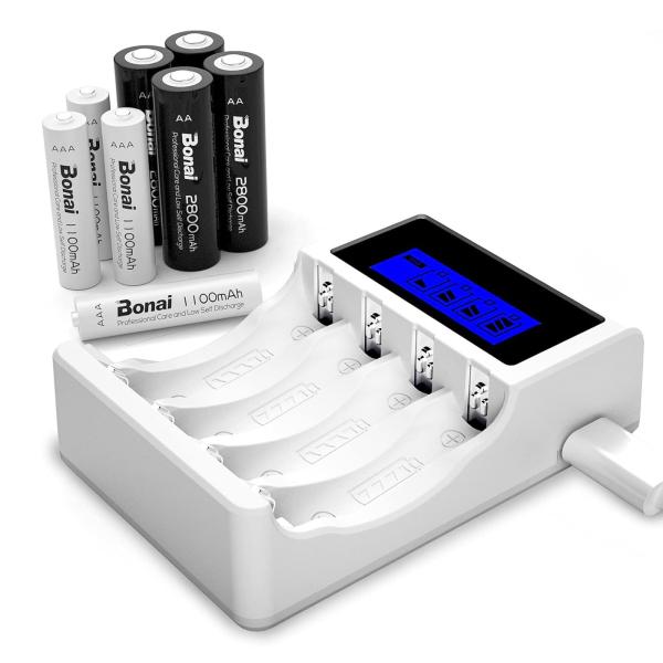 BONAI 単三単四電池充電器 LED急速充電器セット 充電式電池8本付属 大容量 耐久性 家庭や屋...