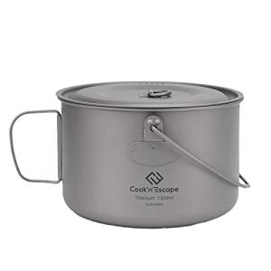 COOK'N'ESCAPEチタン クッカー ポット アウトドア鍋 1300ml 吊り鍋 折りたたみ 超軽量 調理器具 蓋付き 収納袋付き アウト