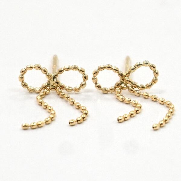 18金ゴールド りぼんピアスボールチェーン　ピアス (通常芯・シリコンキャッチ付）