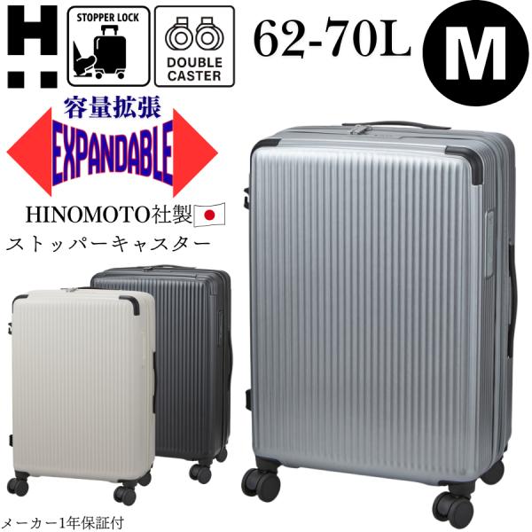 HINOMOTO製 ストッパー付き スーツケース Mサイズ 3〜5泊 拡張式 軽量 ジッパータイプ ...