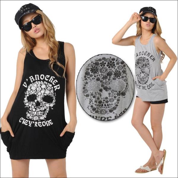 ポケット付スカルプリントタンクトップ・ミニワンピース