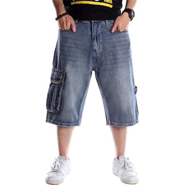 【並行輸入品】Men's Cargo Pockets Denim Baggy Short Hip H...
