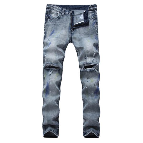 【並行輸入品】ハイエラスティックメンズスキニージーンズ破壊擦り切れフィット破れたデニムペンシルパンツ...