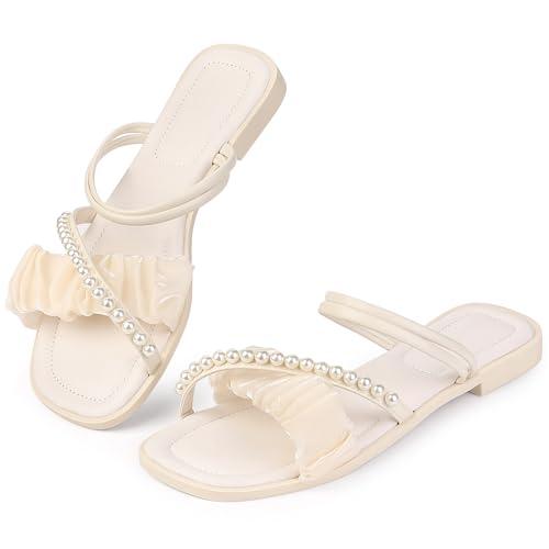 【並行輸入品】Allegra K レディース ストラップパールストラッププリーツフラットスライドサン...
