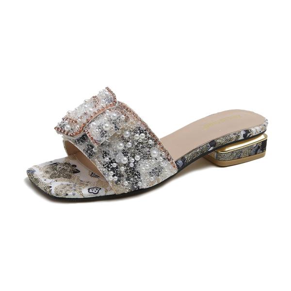 【並行輸入品】Women's Bow Rhinestone Low Chunky Heel Sand...